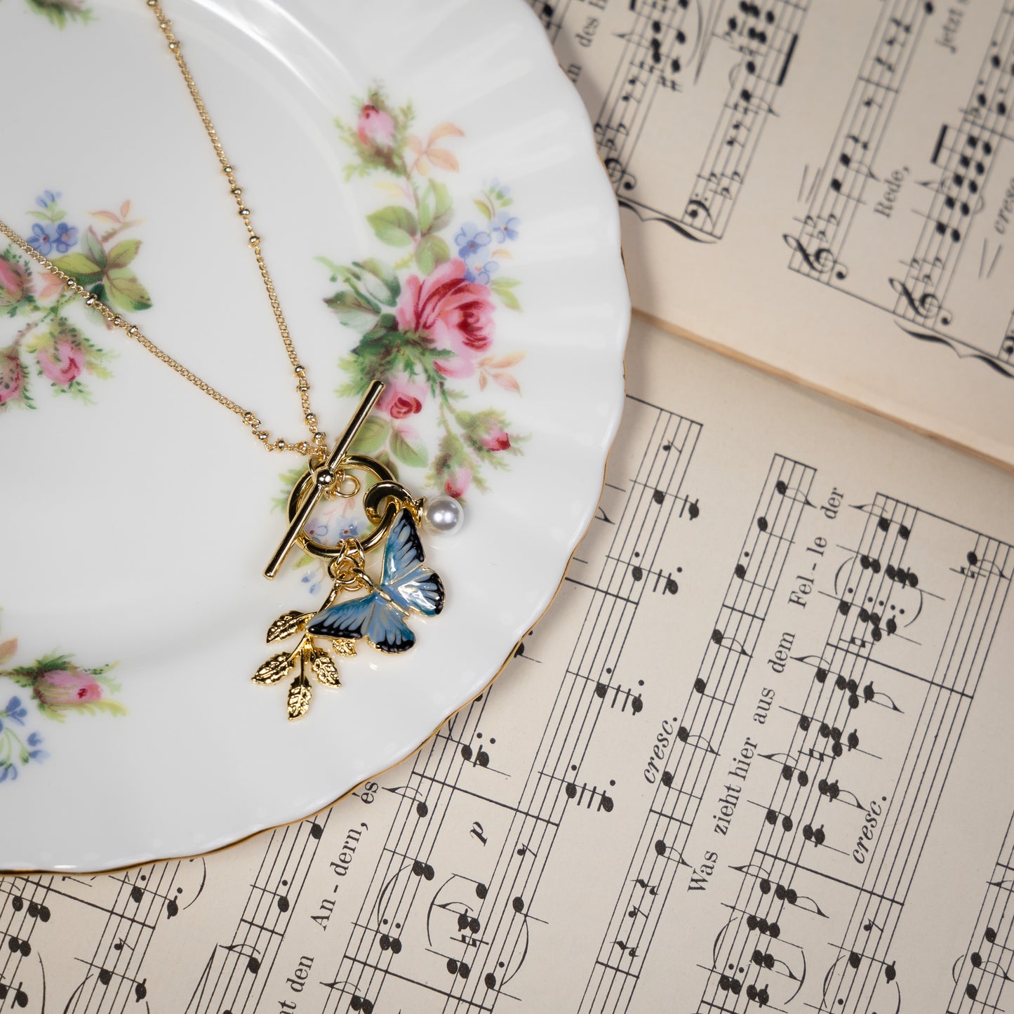 Fable Enamel Blue Butterfly & Leaf Charm Necklace