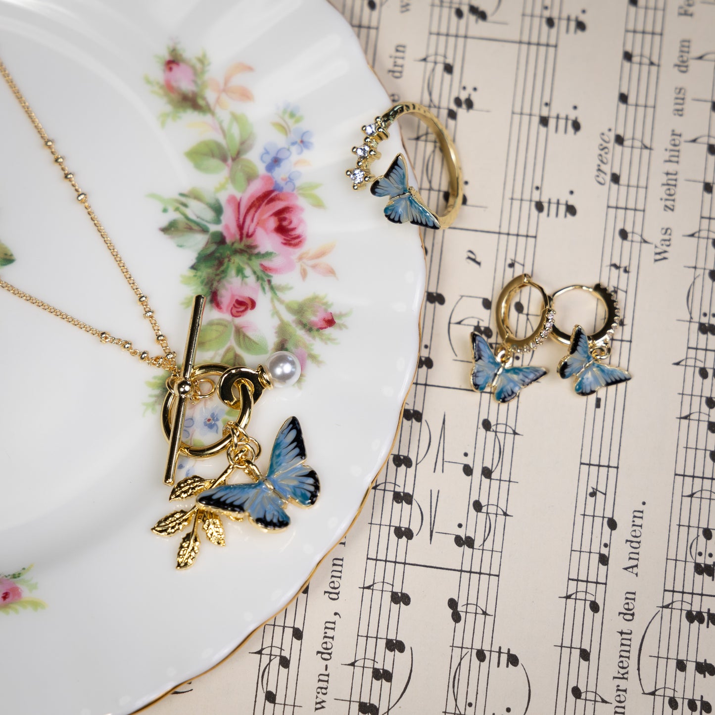 Fable Enamel Blue Butterfly & Leaf Charm Necklace