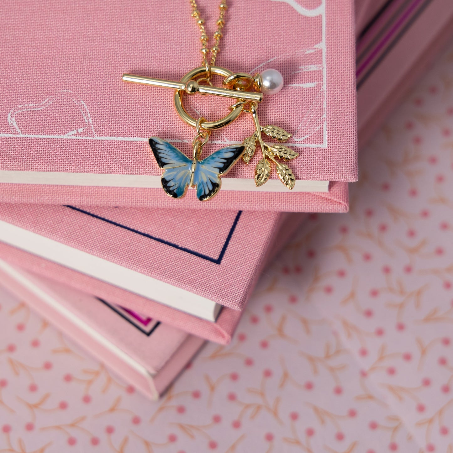 Fable Enamel Blue Butterfly & Leaf Charm Necklace