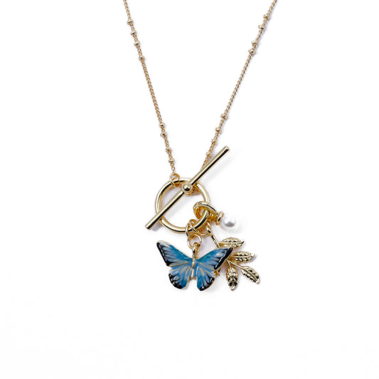 Fable Enamel Blue Butterfly & Leaf Charm Necklace