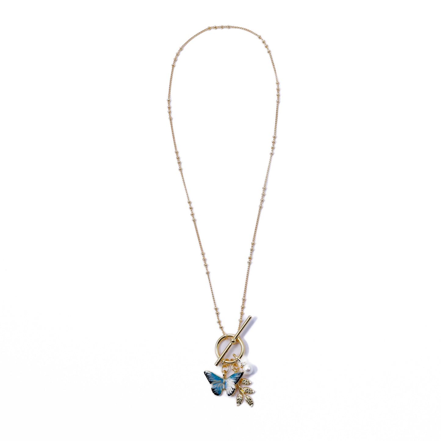 Fable Enamel Blue Butterfly & Leaf Charm Necklace